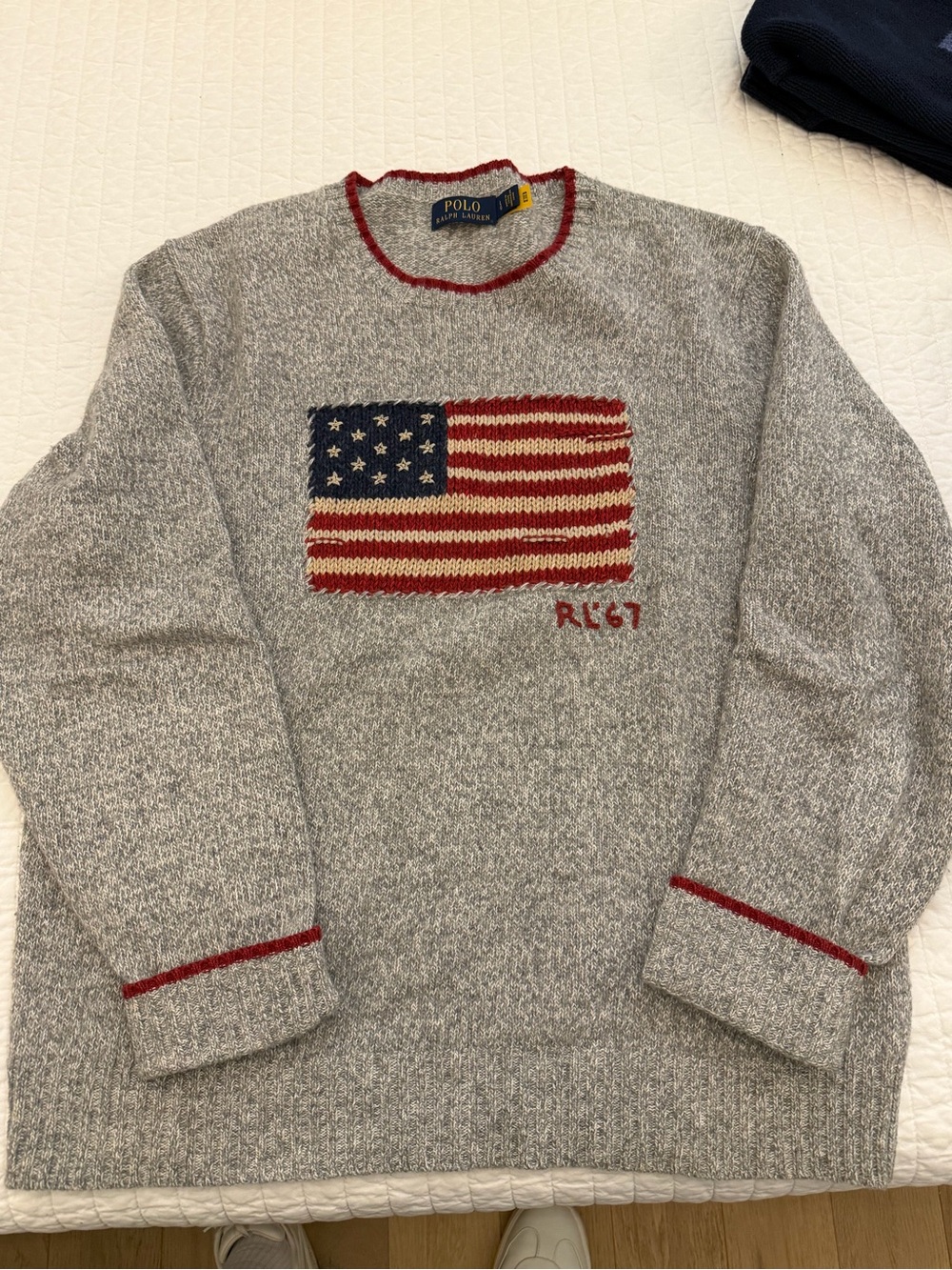 Ralph Lauren Gray Crewneck Sweater with Embroidered Flag and Red Trim